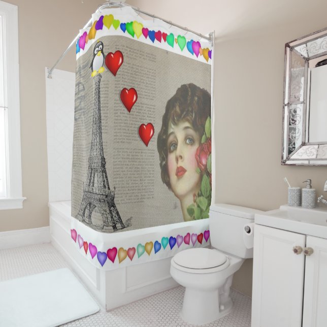 Valentine's Day Shower Curtain, Penguin Shower Curtain (In Situ)