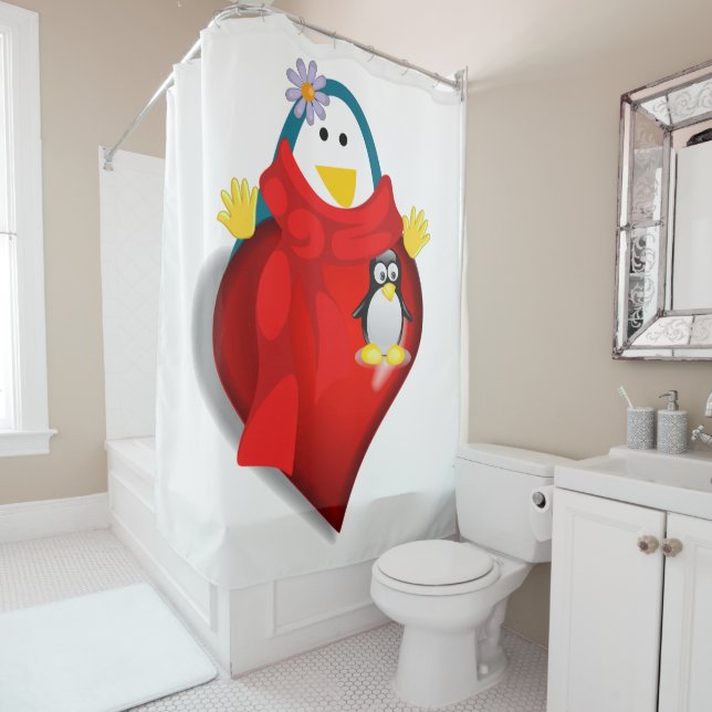 Valentine's Day Shower Curtain, Penguin Shower Curtain (In Situ)