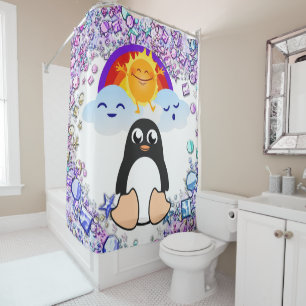 Valentine's Day Shower Curtain, Penguin SunRainbow Curtain