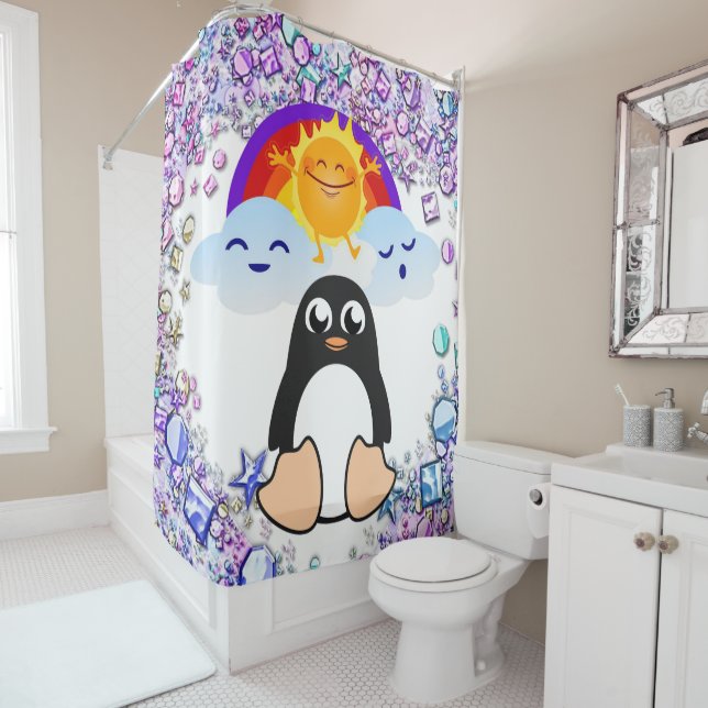Valentine's Day Shower Curtain, Penguin SunRainbow Curtain (In Situ)