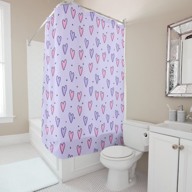 Valentine's Day Shower Curtain, Pink Purple Hearts Shower Curtain (In Situ)