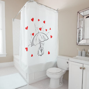 Valentine's Day Shower Curtain, Umbrella Red Heart Shower Curtain