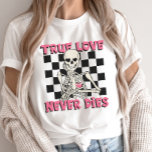 Valentine's Day Skeleton, True Love Never Dies T-Shirt<br><div class="desc">Looking for the perfect Valentine's Day gift? Look no further than our True Love Never Dies skeleton Valentine's shirt! This unique shirt is perfect for couples who love skulls and skeletons. It features a white skeleton, and the text reads "True Love Never Dies". This is all feature on a stylish...</div>