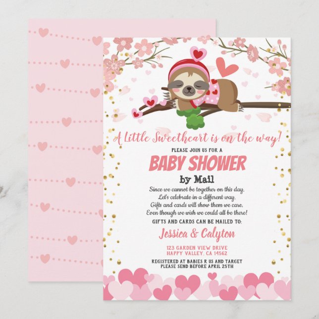 Valentine's Day Sloth Baby Shower By Mail Pink Invitation (Front/Back)