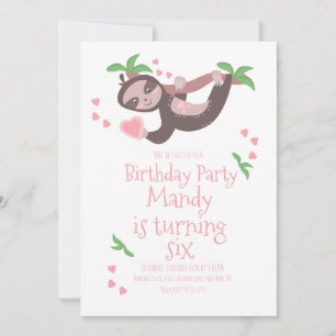Valentines Day Sloth Birthday Party Hearts Invitation