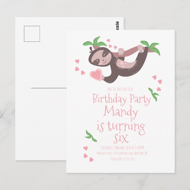 Valentines Day Sloth Birthday Party Hearts  Postcard (Front/Back)