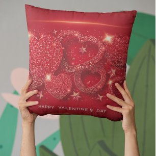 Valentine's Day Sparkling Hearts Gold Stars Red Cushion