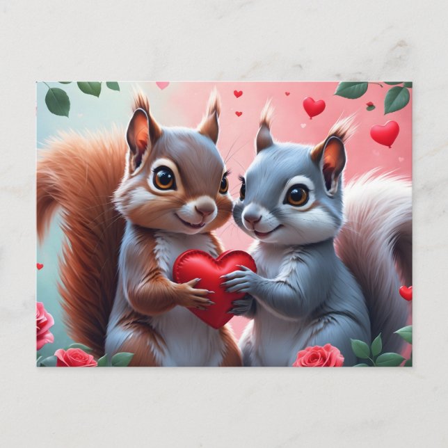 Valentine's Day Squirrels with Heart  Holiday Postcard (Front)