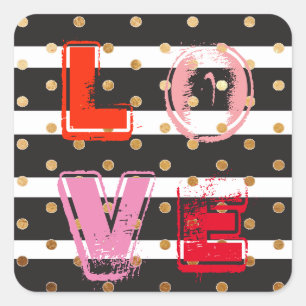 Valentine's day stripe glitter gold love square sticker
