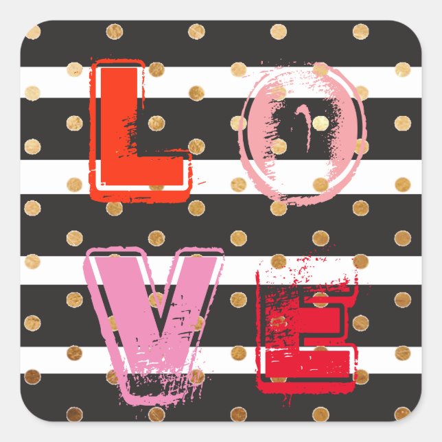 Valentine's day stripe glitter gold love square sticker (Front)