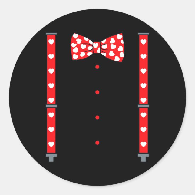 Valentines Day Suspenders And Hearts Bow Tie Boys  Classic Round Sticker (Front)