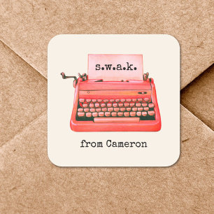 Valentine's Day SWAK Cute Retro Red Typewriter Square Sticker