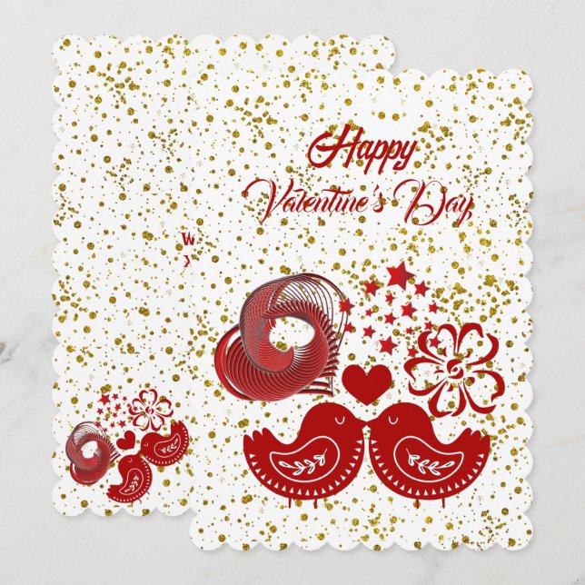 Valentines Day Sweeping Heart Love Birds Gold Card (Front/Back)