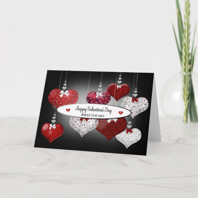 Valentine's Day, Sweetheart, Hanging Ornate Hearts Holiday Card (Front)