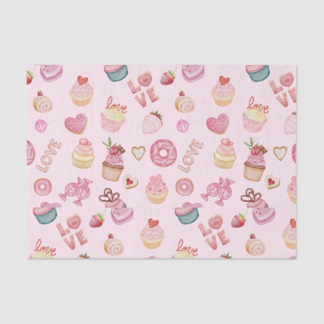 Valentine's Day Sweets and Cupcakes Pink Tissue Paper (Front)