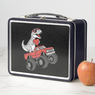 Valentine's Day T Rex Dinosaur Riding Monster Truc Metal Lunch Box