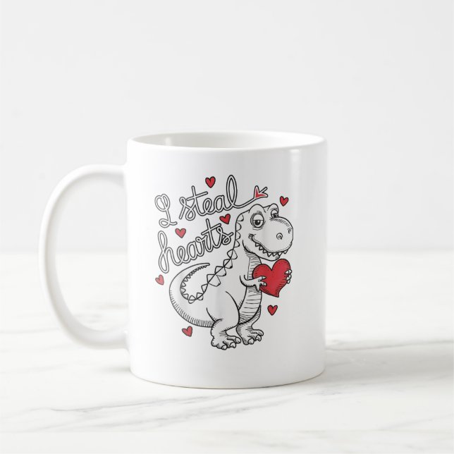 Valentines Day T Rex Dinosaur Stealing Hearts Coffee Mug (Left)