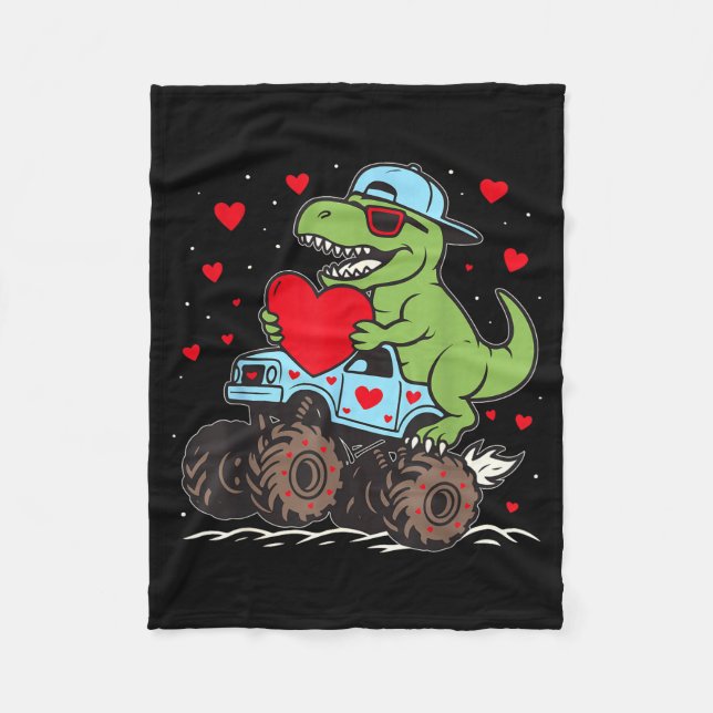 Valentines Day T Rex Riding Monster Truck Funny To Fleece Blanket (Front)