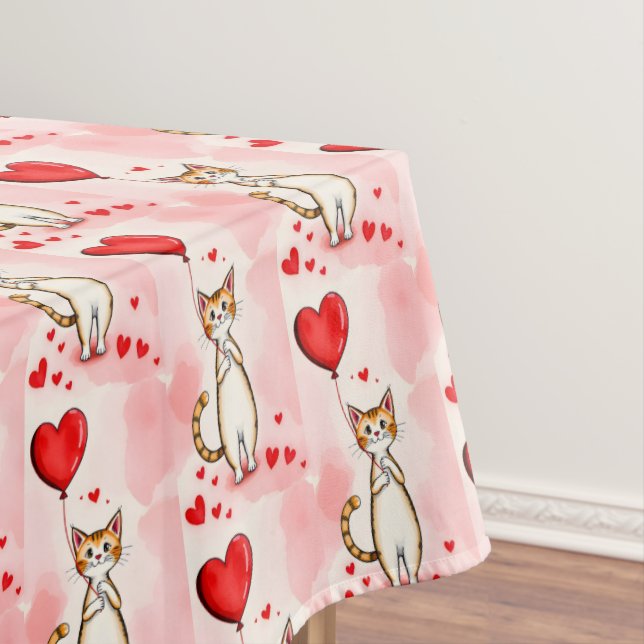 Valentine's Day Tablecloth Cat Red Hearts  (In Situ)
