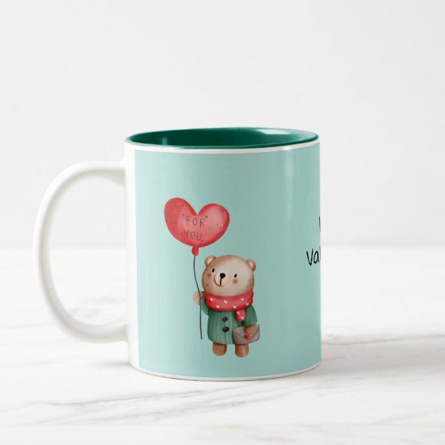 Valentine's Day teddy bear holding love balloon Two-Tone Coffee Mug (Left)