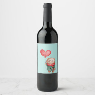 Valentine's Day teddy bear holding love balloon Wine Label