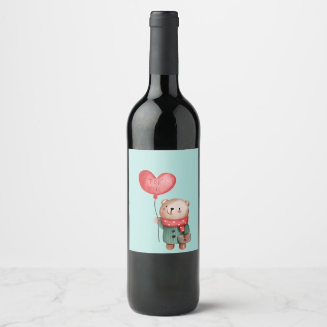 Valentine's Day teddy bear holding love balloon Wine Label (Front)