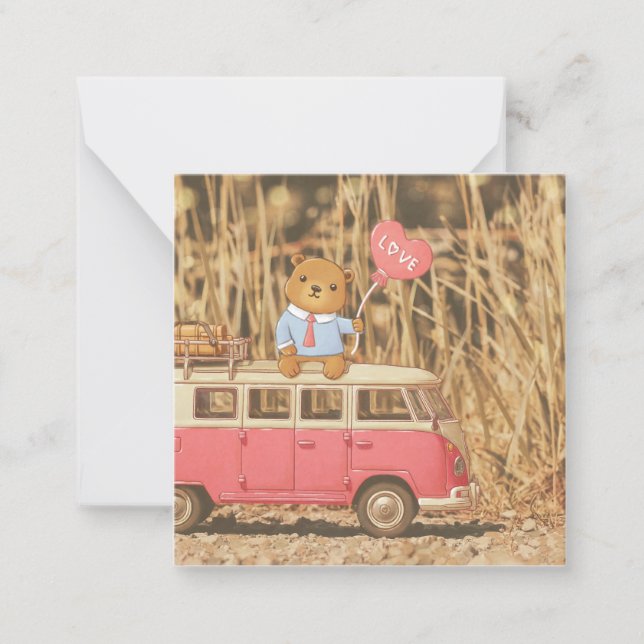 Valentine's Day: Teddy Bear & Pink Vintage Car Card (Front)
