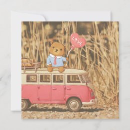 Valentine's Day: Teddy Bear & Pink Vintage Car Holiday Card
