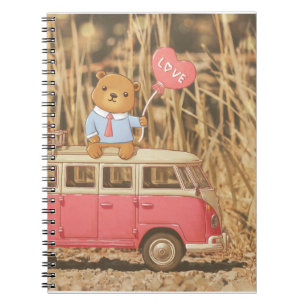 Valentine's Day: Teddy Bear & Pink Vintage Car Notebook