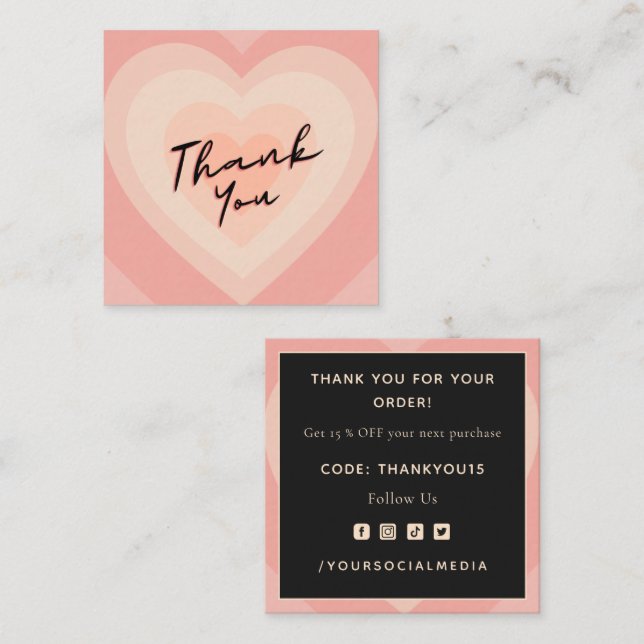 Valentine's Day Thank You Pink Heart Shapes Trendy Square Business Card (Front/Back)