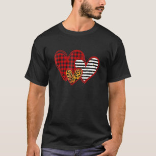 Valentines Day Three Hearts Leopard Buffalo Plaid  T-Shirt