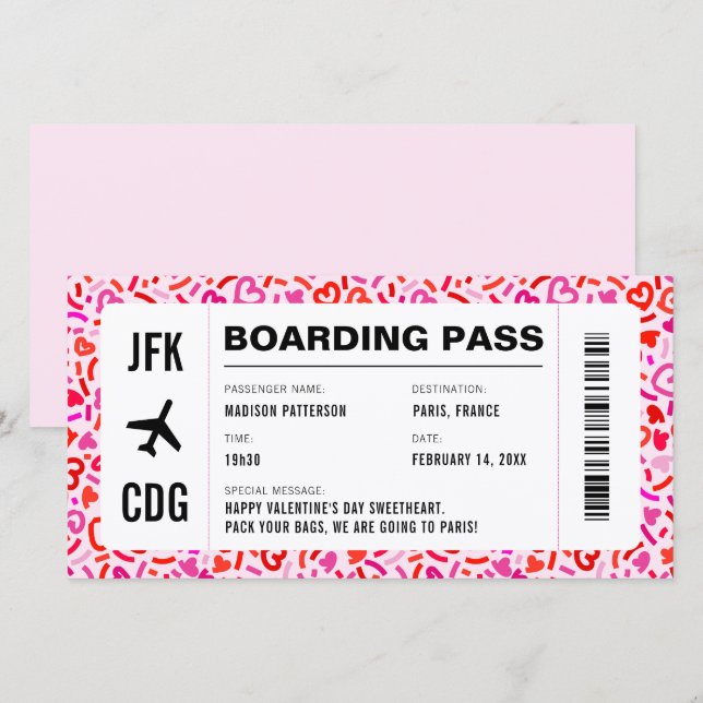 Valentines Day Travel Flight Boarding Pass Holiday Card (Front/Back)