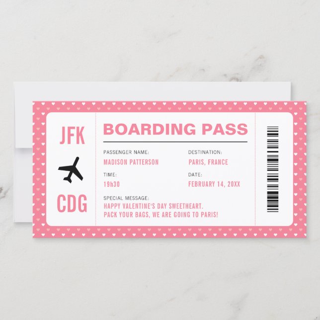 Valentines Day Travel Pink Flight Boarding Pass Holiday Card (Front)