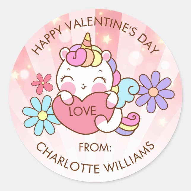 Valentine's Day Trendy Gift Cute Unicorn Classic Round Sticker (Front)