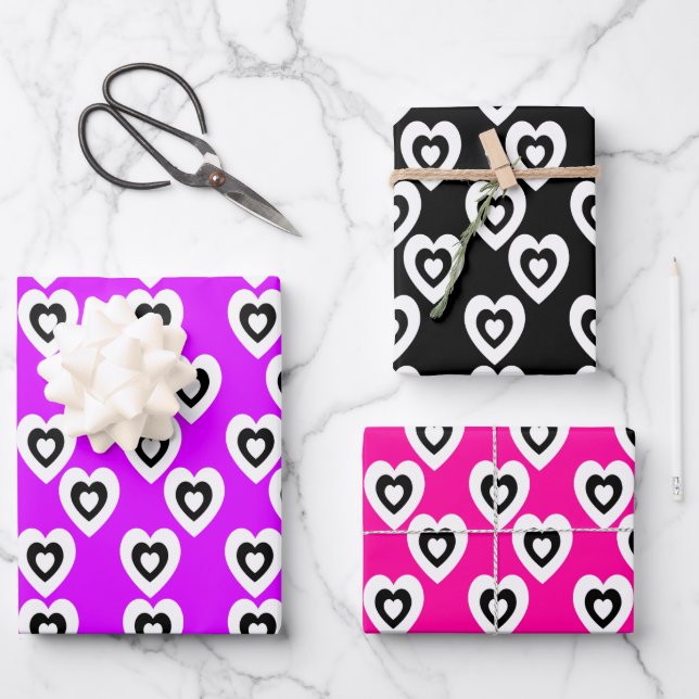 Valentines Day Triple Hearts Neon Pattern Wrapping Paper Sheet (Front)