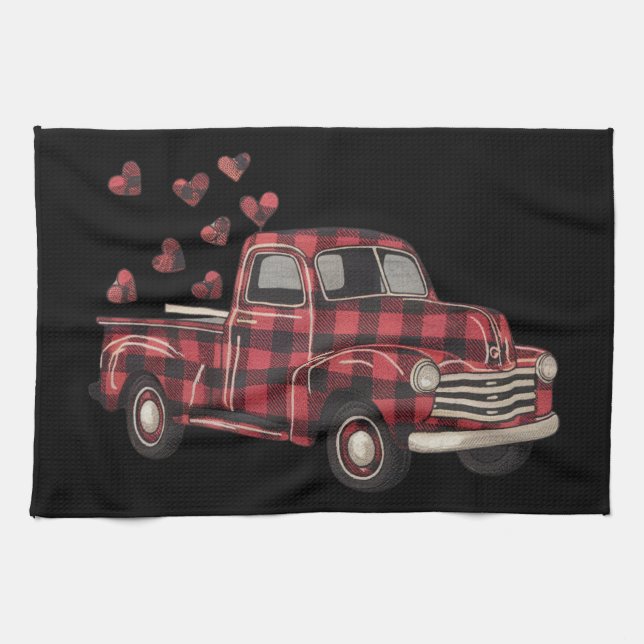 Valentine's Day Truck Funny Buffalo Plaid Leopard  Tea Towel (Horizontal)