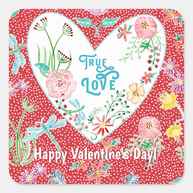 Valentine's Day True Love Hearts n Flowers Party  Square Sticker (Front)