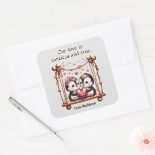 Valentines Day True Love Penguins on the Swing Square Sticker