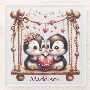 Valentines Day True Love Penquins on the Swing Glass Coaster