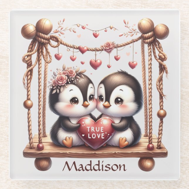 Valentines Day True Love Penquins on the Swing Glass Coaster (Front)