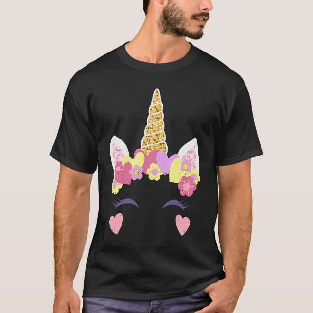 Valentine's Day Unicorn Face Hearts Cute Matching  T-Shirt (Front)