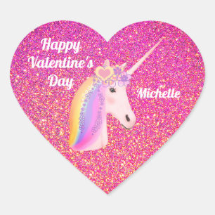 Valentines Day Unicorn Pink Glitter Personalised Heart Sticker