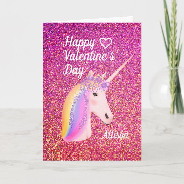Valentines Day Unicorn Pink Glitter Personalised Holiday Card (Front)
