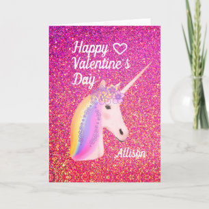 Valentines Day Unicorn Pink Glitter Personalised Holiday Card