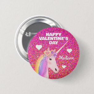 Valentines Day Unicorn Pink Glitter Personalized 6 Cm Round Badge