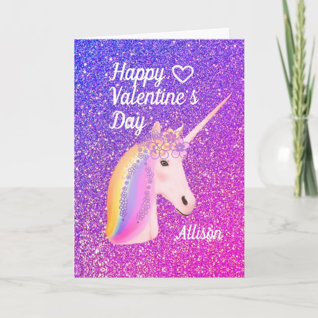 Valentines Day Unicorn Purple Pink Glitter Name Holiday Card (Front)