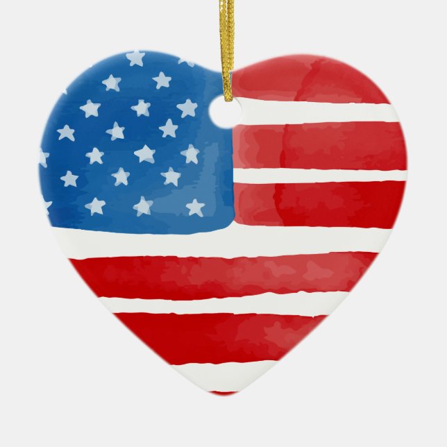 Valentines Day US American Flag Heart Patriotic Ceramic Tree Decoration (Front)