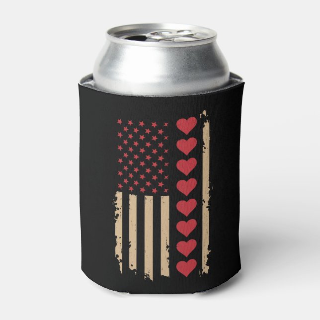 Valentine's Day US Flag Hearts  Can Cooler (Can Front)