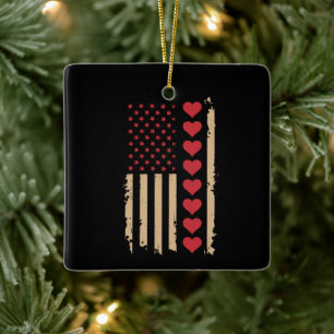 Valentine's Day US Flag Hearts  Ceramic Ornament