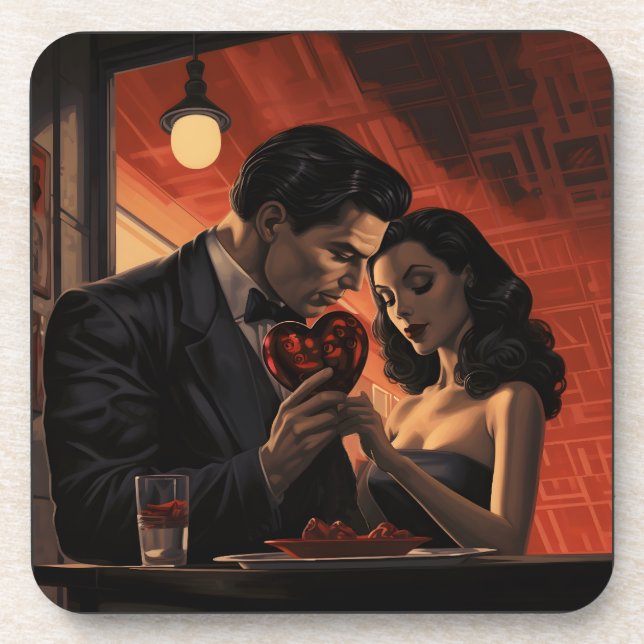 Valentines day vintage retro couple comic coaster (Front)